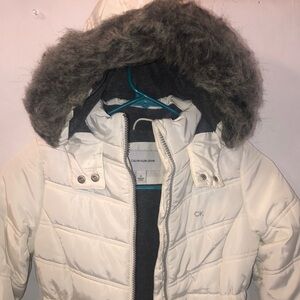 Calvin Klein Cream Coat with Gray fur-Like Hood (Newer coat)